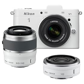 Nikon 1 V1 Digital Camera Body with 10-30mm VR Lens (White) with 10mm f/2.8 & 30-110mm Lenses + Cleaning Kit