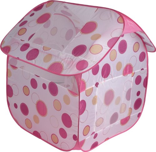 Tente de jeu pour petites filles avec jolis pois roses imprimés sur la toile. Délivrée dans un sac de rangement avec poignée.