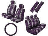 14 Piece Safari Animal Print Automotive Interior Gift Set - 2 Low Back Front Bucket Seat Covers with Separate Headrest Cover, 1 Steering Wheel Cover, 2 Shoulder Harness Pressure Relief Cover, 1 Bench Cover and 3 Rear Headrest Covers - Leopard Purple