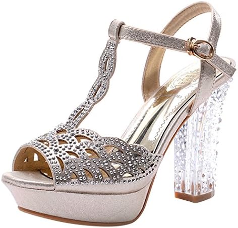 Summer New Breathe Drill Decorated Peep-toe Platform Rough High Heel Shoes For Women(8 B(W) US, golden)