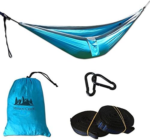 Double Camping Hammock - Portable Lightweight Parachute Blue Ripstop Nylon with Nautical Grade Rope, Tree Straps Suspension System for Easy Setup at Camp Grounds or Beach, fits Two People
