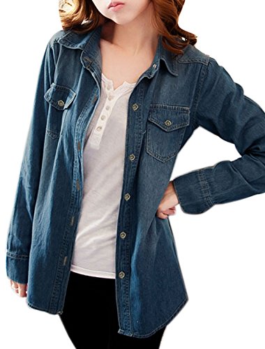 Allegra K Women Rolled Sleeves Point Collar Western Denim Shirt