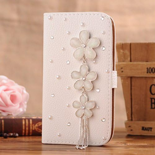 1X NE3C(TM) Samsung Galaxy Note 2 Note II N7100 Leather Folio Support Smart Case Cover With Card Holder &amp; Magnetic Flip Horizontals - a string White Flower