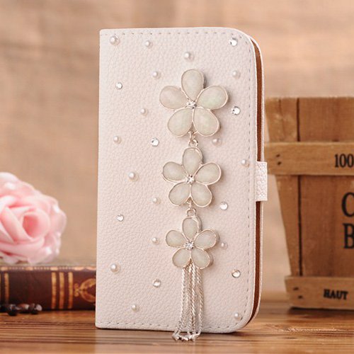 1X NE3C(TM) Samsung Galaxy Note 2 Note II N7100 Leather Folio Support Smart Case Cover With Card Holder &amp; Magnetic Flip Horizontals - a string White Flower