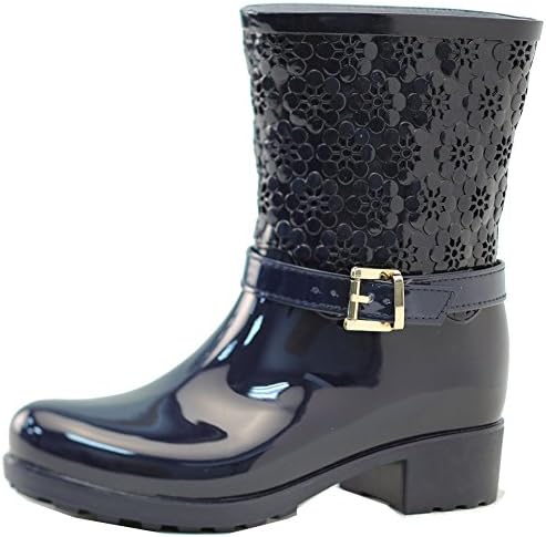 First Fashion Women's Waterproof Flower Rubber Puddles Rainboots,9 B(M) US,Navy