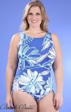 Beach Belle Chlorine Resistant Blue Stencil Flower Plus Size High Neck Keyhole Back One Piece Swimsuit - Plus Size Swimwear Plus Size Swimsuit