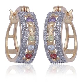18k Yellow Gold Overlay Sterling Silver Multi-Gemstone and Diamond Hoop Earrings