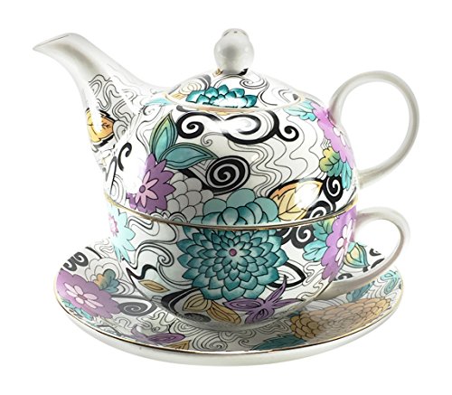 Gracie China Retro Floral 4 Piece Porcelain Tea For One Stacked Teapot and Cup