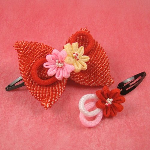 スリーピンペア簪 リボンに小花つまみ細工髪飾り 七五三 結婚式 3歳 7歳 髪飾り