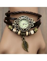 Brown Color Quartz Fashion Weave Wrap Around Leather Bracelet Lady Woman Wrist Watch