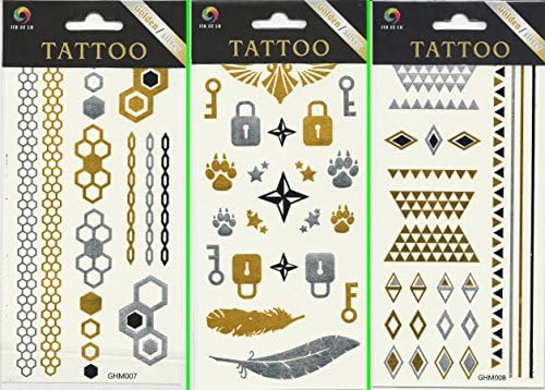 Metallic Jewelry Inspired Tattoos. All 3 Sheets (4" x 8") Over 30 Tats. Body Art You Can Wear Anytime or Anywhere. Like Flash - Gold - Silver - Black. Foil Printed Colors That Shine Like Bling. 100 % Money Back Guarantee.