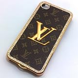Designer Iphone 4/4s Brown Monogram Bling Hard Leather Back Case With Gold Logo