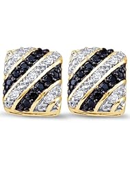 10K Yellow and White Two 2 Tone Gold Round Brilliant Cut Black and White Diamond - Square Princess Shape Channel Set Studs Earrings - (1/4 cttw.)