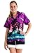 Funky Hawaiian Blouse Women Short-Sleeve Front-Pocket Beach Palm Purple