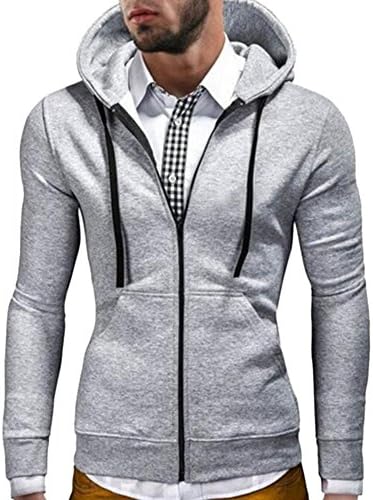 OUCHI Men's Full Zip Hooded Sportwear Contrast Color with Pocket Slim Hoodie Grey