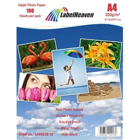 100 Sheets A4 210x297mm 230g/m� Photo paper from LabelHeaven: glossy and waterproof photo paper, compatible with all Brother, Canon, HP, Lexmark and many other Ink Jet and photo Printers