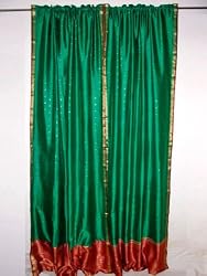 2 Green with Sangria Red Border Window Treatment Polysilk Sari Curtains 96"