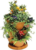 Self Watering TERRACOTTA Plant & Flower Pots - Set of 3 Stackable MEDIUM Planter Tubs with Tray (Flowers not included)