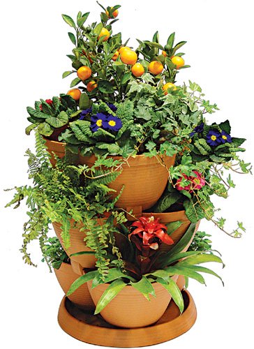 Childrens Toyshop  Outdoor Living : Self Watering TERRACOTTA Plant & Flower Pots - Set of 3 Stackable MEDIUM Planter Tubs with Tray (Flowers not included)
