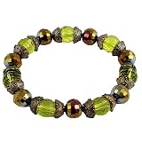 Bracelet - B211 - Metallic Fire Polished Glass and Faceted Glass Beads - Stretch ~ Olive (Green)