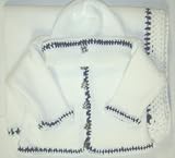 Ck673, Knitted on Hand Knitting Machine White Cotton with Hand Crocheted Denim Cotton Trim Cardigan Hat Set and Matching Blanket