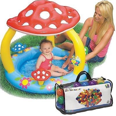 Intex Mushroom Baby Pool Inflatable Kids Swimming Wading w/ Sunshade + Fun Balls