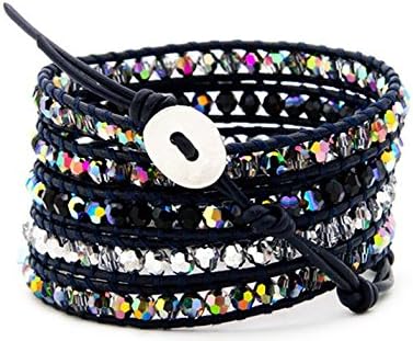 39" Lyric Metallic Mix Beaded Black Leather Wrap Bracelet, Adjustable 5x Wrap in Gift Box