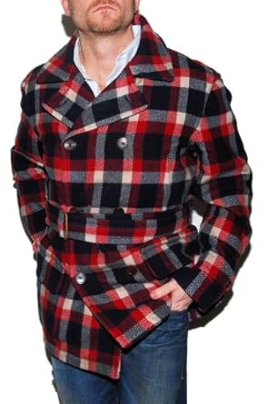 Polo Ralph Lauren Mens Wool Plaid Peacoat Leather Jacket Red Cream Large