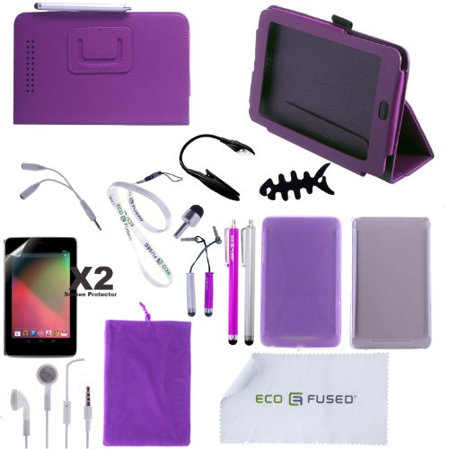 Nexus 7 Accessory Combo / (Purple) Leather Stand Case / (Purple) TPU Case / (Clear) Hard Shell Case / 5 (Silver AND Purple) Stylus Pens / Earphones /Screen Protectors / LED Reading Light - ECO-FUSED® Microfiber Cleaning Cloth and Free Lanyard Included - And MORE!