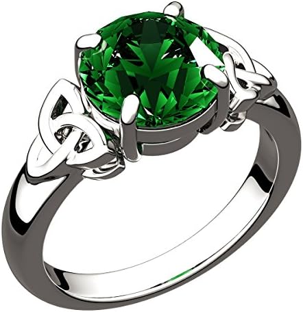 Sterling Silver, 8mm Emerald Green CZ Diamond, May Birthstone, Irish Celtic Trinity Knot Ring - 10