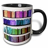 3dRose Colorful Bookshelf Books Rainbow Bookshelves Reading Book Geek Library Nerd Librarian Author Two Tone Black Mug, 11 oz, Black/White