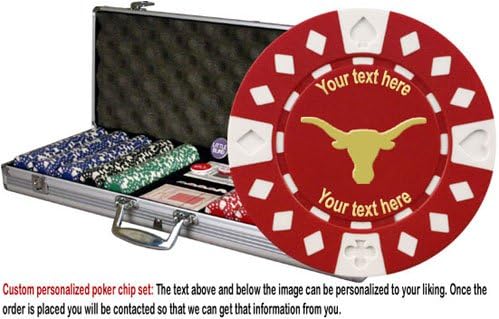 Custom Poker chip Set: Longhorn (Style 1) image & your custom text on both sides of the chips. 500 11.5 gram chip w/case & more.