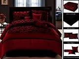 7 PC MODERN Black Burgundy Red Flock Satin COMFORTER SET / BED IN A BAG - QUEEN SIZE BEDDING