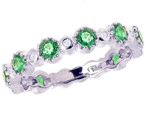 14K White Gold Gemstone and Diamond Dainty Three-Quarter Stackable Ring-Emerald, size7.5
