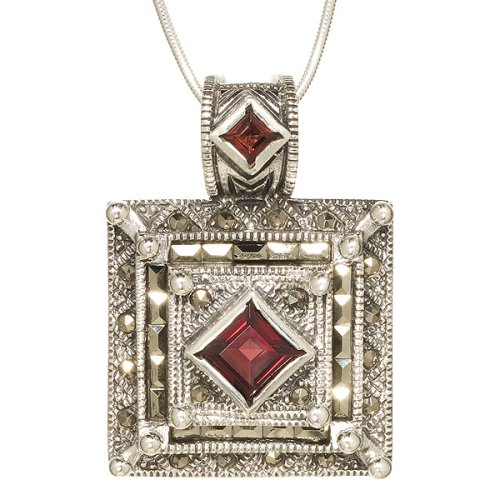 Marcasite and Genuine Garnet Sterling Silver Pendant Necklace