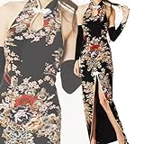 ■Frontスリット☆和花柄ホルターチャイナドレスM黒/uc17