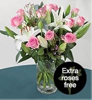 Large Rose & Lily with Vase & Free Chocolates with 50% Extra Roses Free