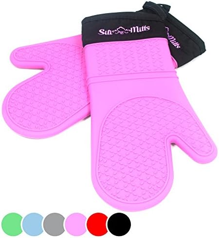 Pink Silicone Oven Mitts - 1 Pair of Extra Long Professional Heat Resistant Potholder Gloves - Oven Mitt Set of 2