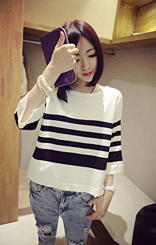 【Tnk&Co.】 レディース (2色選択) ボーダー柄 七分袖カットソー　オリジナルBAGセット#465　 ホワイト ブラック 白 黒 ボーダー 七分袖 カットソー ニット