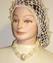 Hand Crocheted Ivory Rayon Cotton Fossil Gimp Large Snood Trimmed with Cultured Ivory Pearls for Women Offered in Combination with Three Strand Ivory Pearl Necklace with Crystals Ivory Large Pearl Locket and Earrings