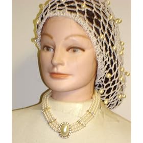 Click here to buy Hand Crocheted Ivory Rayon Cotton Fossil Gimp Large Snood Trimmed with Cultured Ivory Pearls for... by Gita.