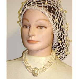 Hand Crocheted Ivory Rayon Cotton Fossil Gimp Large Snood Trimmed with Cultured Ivory Pearls for...