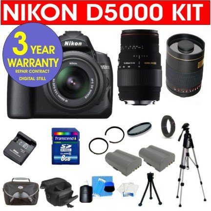 Nikon D5000 12.3 MP DX Digital SLR Camera with 18-55mm f/3.5-5.6G VR Lens and 2.7-inch Vari-angle LCD + Sigma 70-300MM Macro Zoom Lens + Rokinon 500mm F/8 Lens with 2x Converter (=1000mm) + High Capacity Li-Ion Battery + 4 GB Memory Card + 50