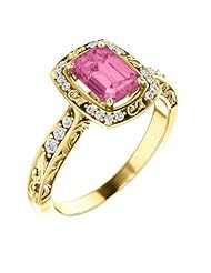 18K Yellow Gold 7.00x5.00mm Emerald Cut Chatham Created Pink Sapphire and Diamond Ring -- LIFETIME WARRANTY