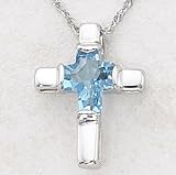 14K White Gold Swiss Blue Topaz Cross with Chain