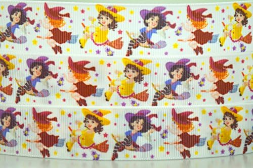 5 Yards Cute Witch On A Broom Halloween Design Grosgrain Ribbon 4 Hairbow & Gift Wrapping 7/8" Inch 22mm
