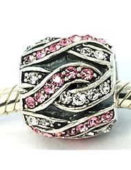 .925 Sterling Silver " Basket Weave CZ encrusted Pink/White " Bead Compatible with Pandora Chamilia Kay Troll Bracelet