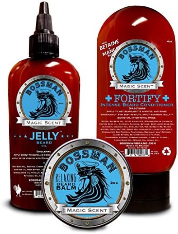 Essential Care Package Magic Scent - Jelly Beard Oil, Relaxing Beard Balm and Fortify Intense Beard Conditioner included by Bossman Brands
