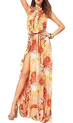 V-neck Floral Print Backless  Slit Halter Sleeveless Chiffon  Dress with a Brush/Sweep Train  With Ruffles