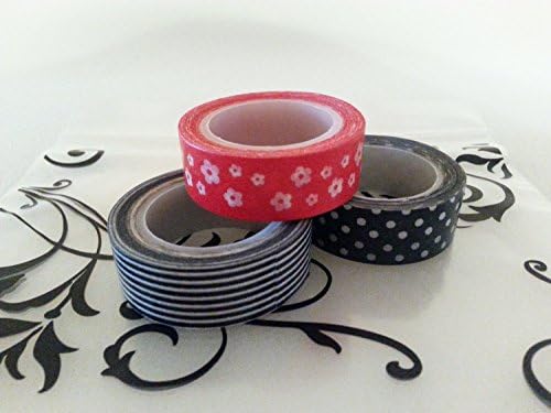 Washi Tape Set of 1 each of Black/White Striped, Black/White Polka Dots, and Red/White Daisy Tape